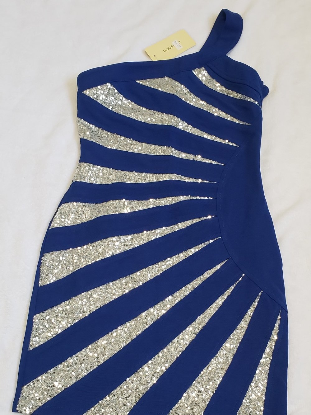 Love One-Shoulder Cobalt Blue Dress with Silver Sequin Sunburst